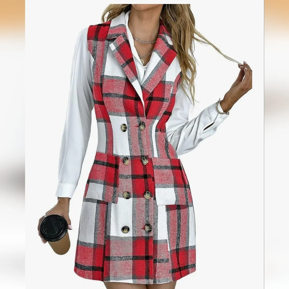 Women Sleeveless Plaid Double Breasted Shacket Vest.